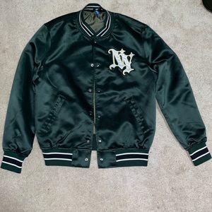 H&M Green silk satin New York letterman’s jacket. Size Large in US. Button up.
